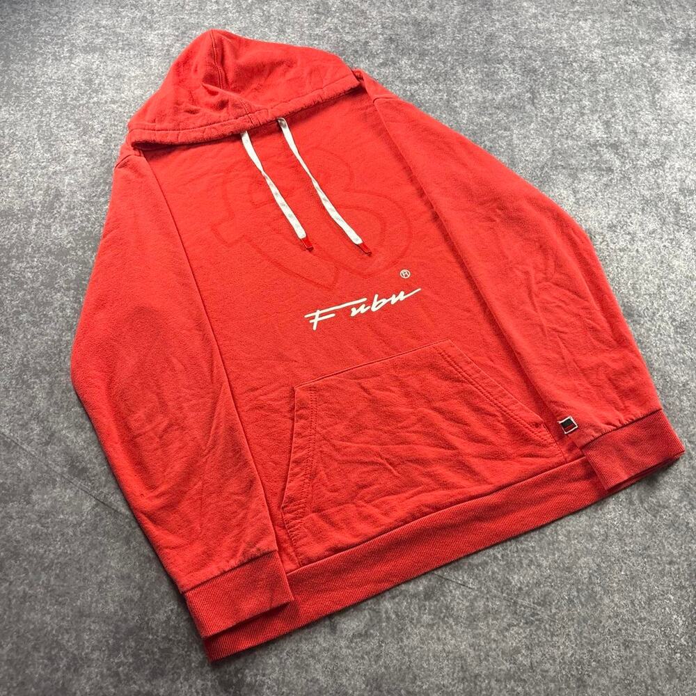 Vintage FUBU Hoodie Men’s XL Red Spell Out Tonal Logo Y2K Streetwear Pullover